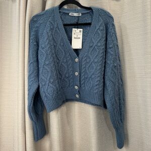 Zara Cable Knit Jewel Button Cardigan Blue NWT Size M